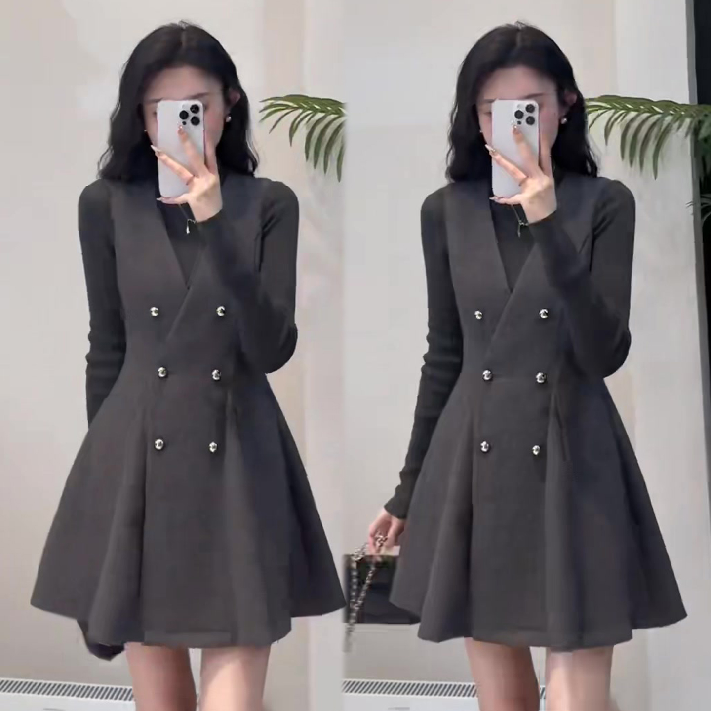 韩系减龄时尚套装裙冬季新款圆领净版小衫+无袖背心连衣裙两件套