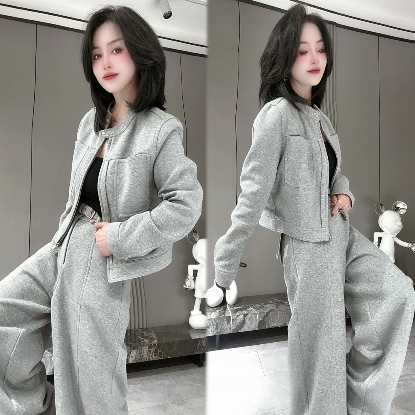 灰色休闲时尚套装女2026早春新款亮钻短外套+高腰弯刀裤两件套潮