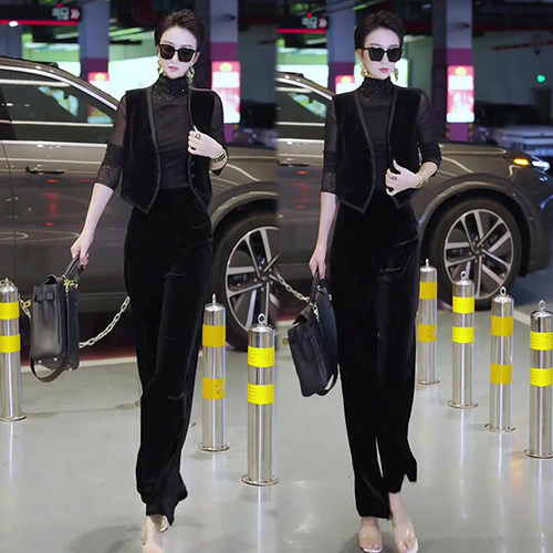 气质高街丝绒马甲显瘦裤子两件套