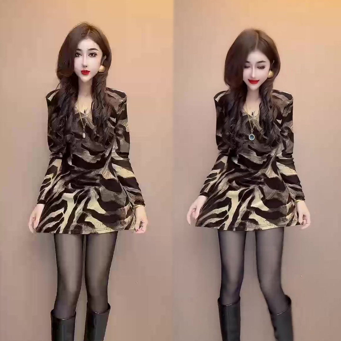 时髦V领斑马纹连衣裙女2025冬季新款网红洋气高腰显瘦女裙中长裙,女装/女士精品,连衣裙,淘宝优惠券,粉丝福利购,淘宝优惠卷
