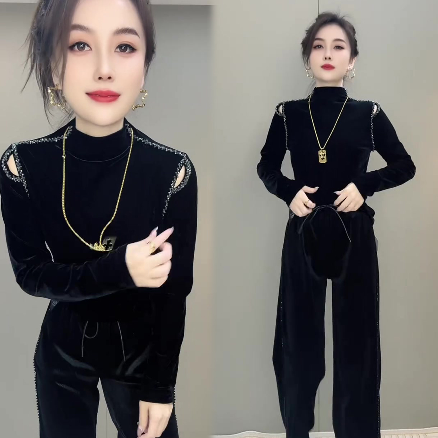 半高领亮钻丝绒小衫女冬季新款休闲显瘦百搭欧货打底衫网红上衣潮