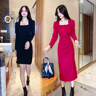 网红爆款时尚连衣裙女2022年秋冬新款韩版显瘦长袖方领欧货裙子潮