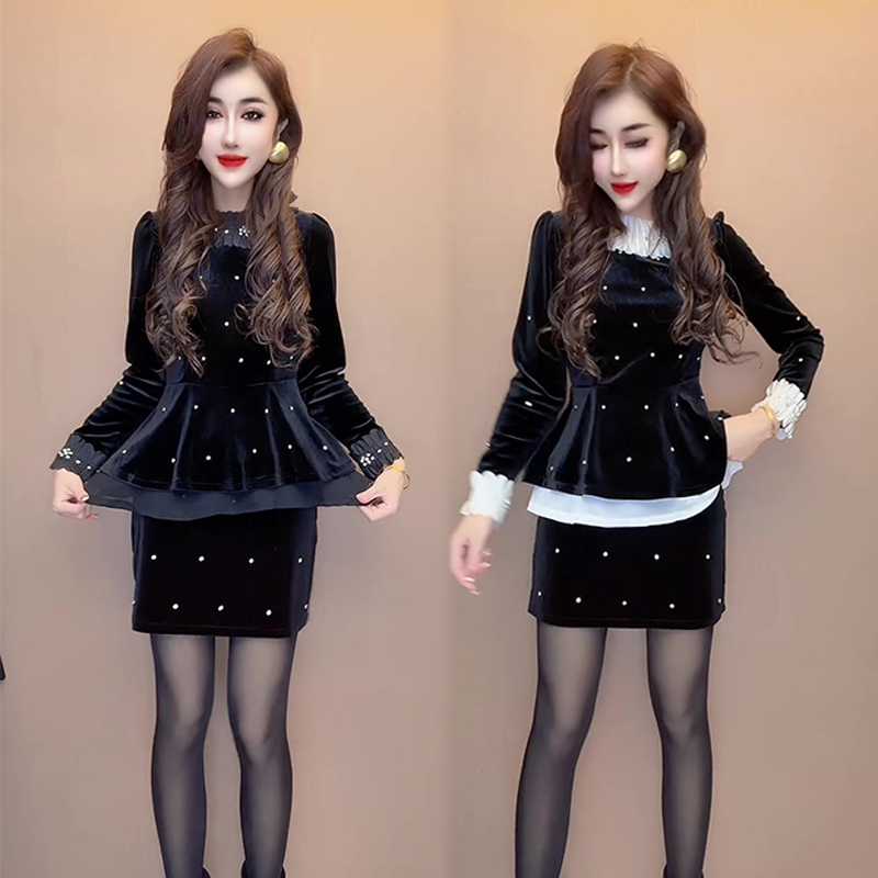 气质名媛时尚丝绒上衣短裙套装