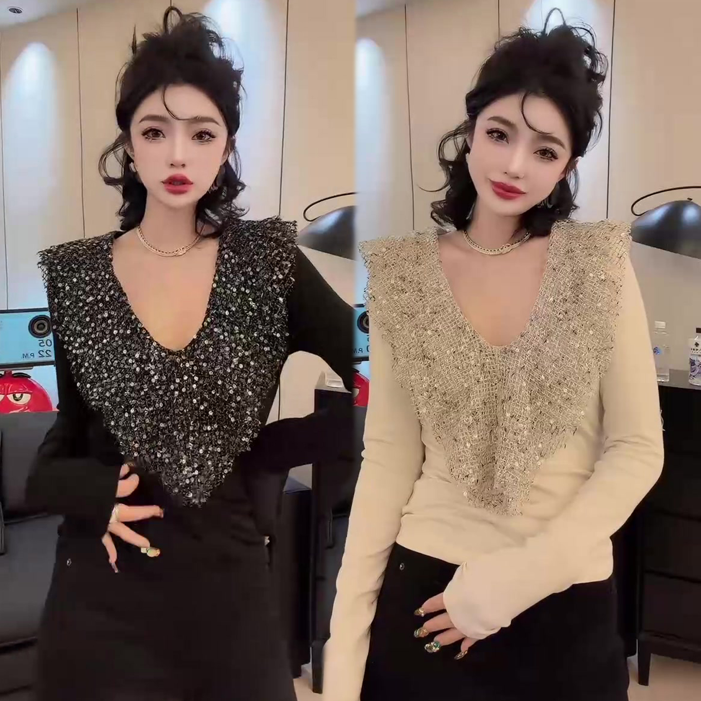 重工亮片V领打底衫女2025冬季新款欧货轻奢名媛风网红款小衫上衣