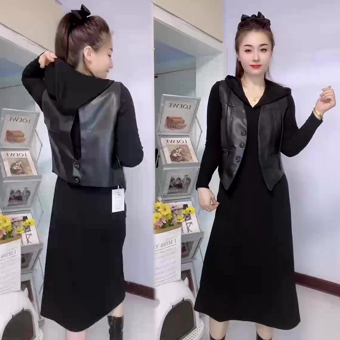 时尚套装女连帽连衣裙+PU皮马甲