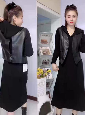 时尚套装女连帽连衣裙+PU皮马甲
