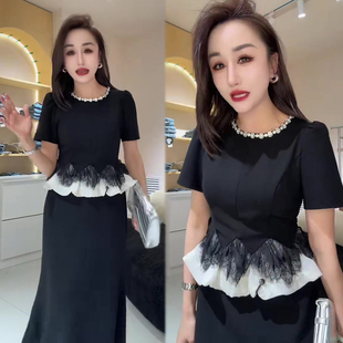 法式赫本风假两件连衣裙女2026春季新款蕾丝花边鱼尾裙长裙女裙子