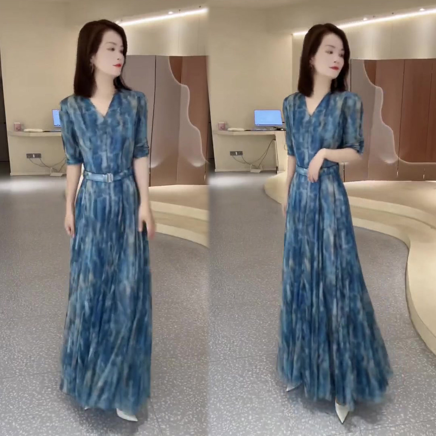 蓝色晕染V领大摆连衣裙女2026春夏季辛苦时髦仙女裙小众洋气长裙