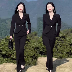 气质高街女神范套装2024冬季新款收腰显瘦西服外套百搭裤子两件套