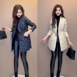 V领压格韩版中长款棉服女冬季保暖二棉服收腰显瘦洋气外套上衣潮
