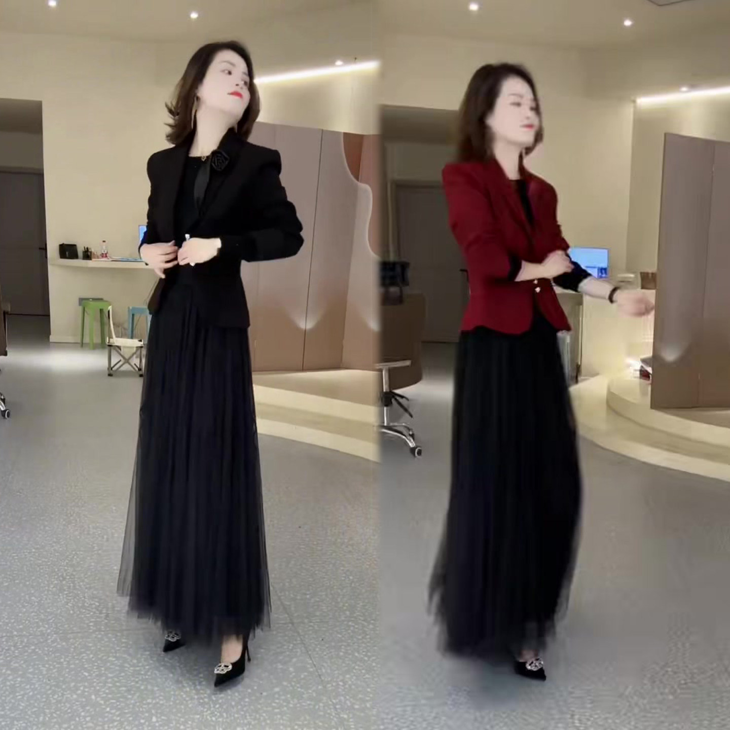 女神范气质套装裙2026春季新款西装外套+高腰半身网纱裙两件套潮