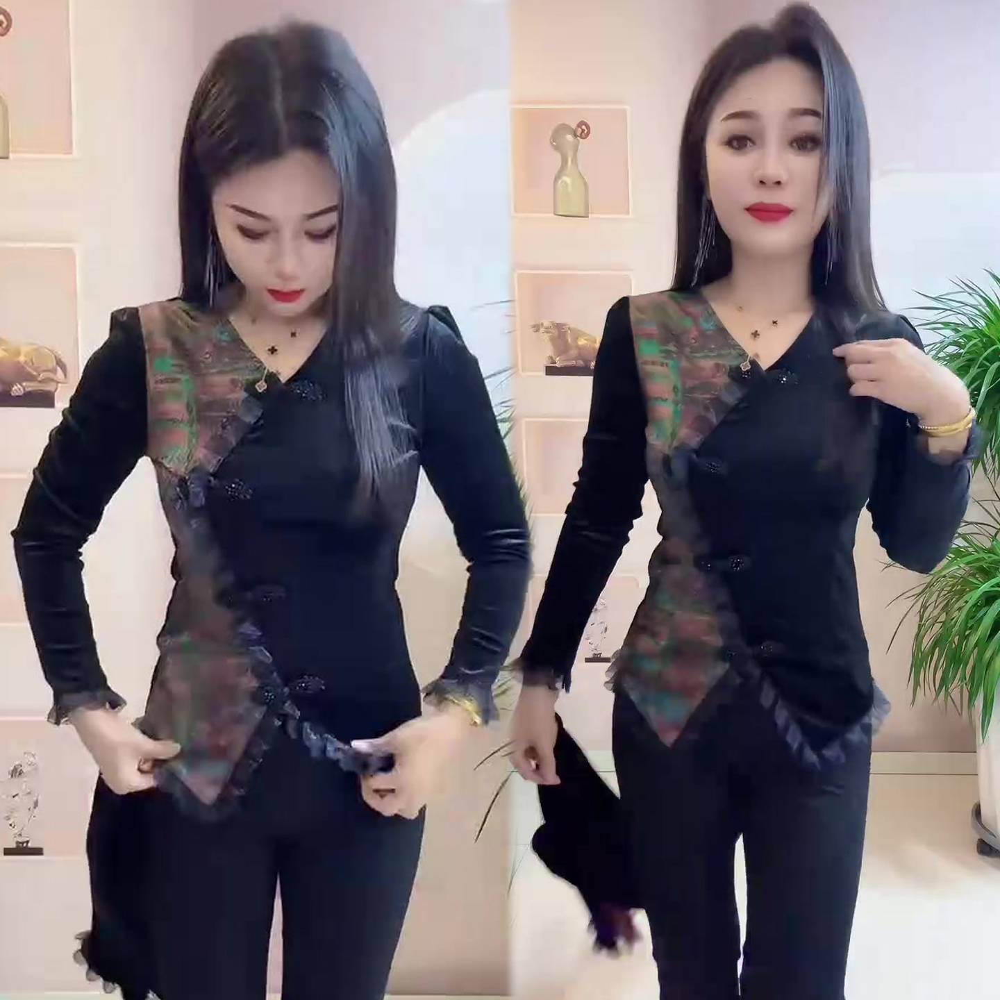 民族风盘扣V领衬衫上衣女