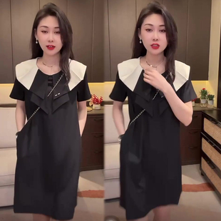 韩系洋气撞色娃娃领连衣裙女2026春夏季新款显瘦小黑裙设计感女裙