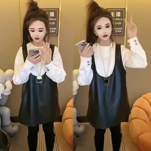 2024早秋新款时尚个性两件套女宽松显瘦百搭打底衫PU皮马甲套装潮