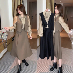 连衣裙 欧洲站2023秋季 女时尚 气质高级感套装 洋气马甲两件套 新款