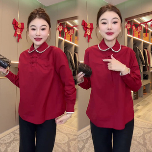 国风洋气盘扣宽松显瘦套头衬衣 新款 本命年红色百搭衬衫 女2024冬季