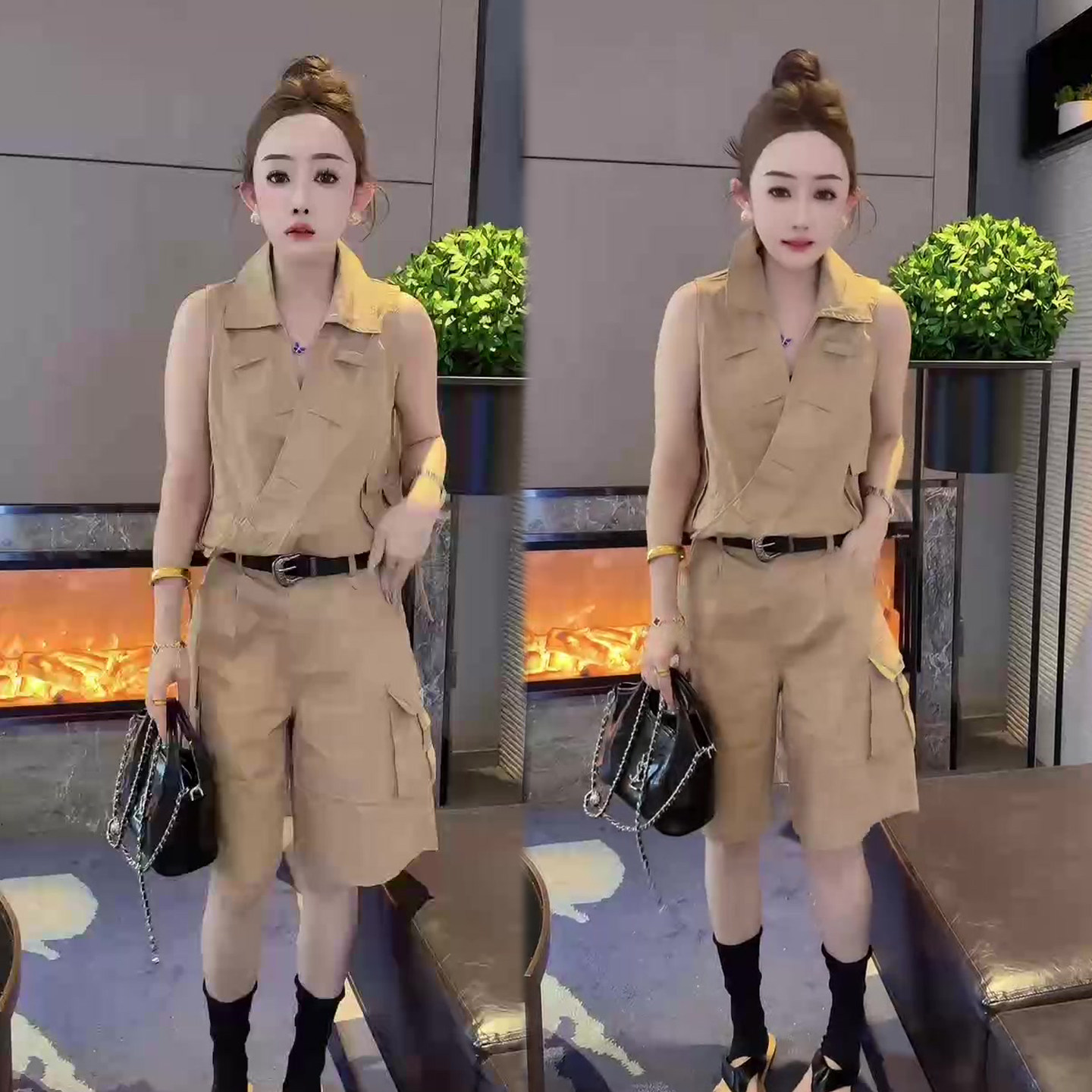 工装风时尚套装女马甲+五分短裤图片
