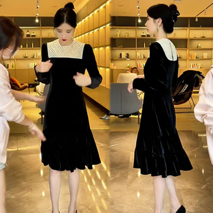 黑色赫本风重工钉珠丝绒连衣裙女2023秋季 显瘦遮肉高级感裙子 新款