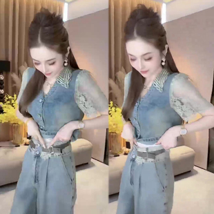 欧货牛仔套装女2025夏季新款洋气蕾丝拼接短袖显瘦阔腿裤两件套潮