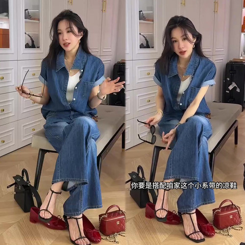 复古港风牛仔套装女2026春季新款翻领短袖衬衫+阔腿裤两件套装潮