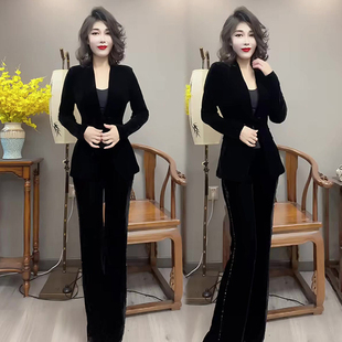 气质丝绒女士套装2024秋季新款收腰显瘦西服外套百搭休闲裤潮