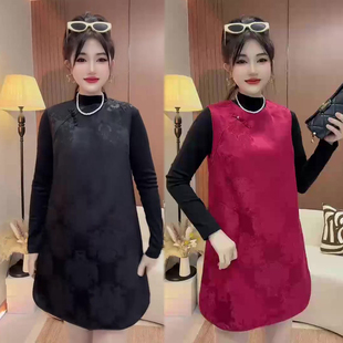 气质套装 宽松遮肉砍袖 裙2025冬季 半高领打底衫 裙两件套 新款 时尚