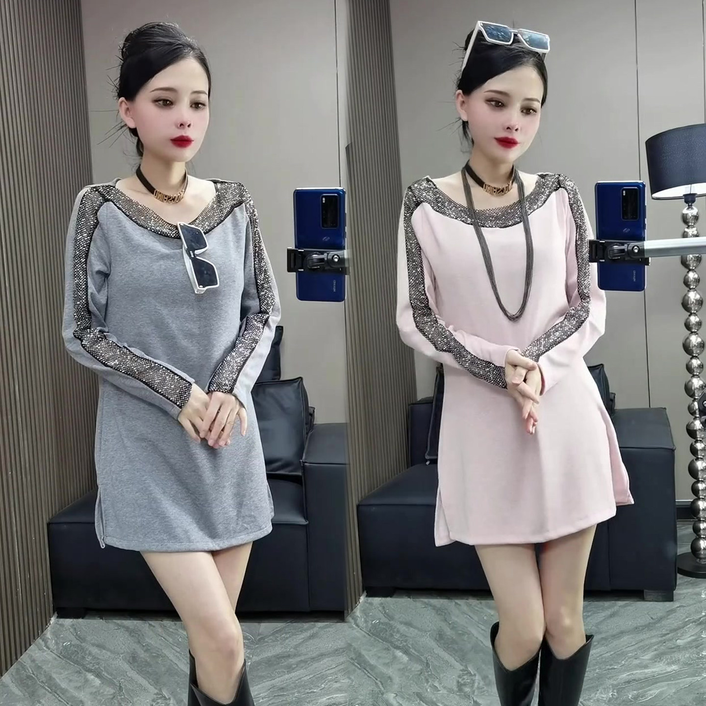 镂空烫钻拼接T恤裙女2026春季新款时尚韩版遮肉显瘦百搭中长裙子,女装/女士精品,连衣裙,淘宝优惠券,粉丝福利购,淘宝优惠卷