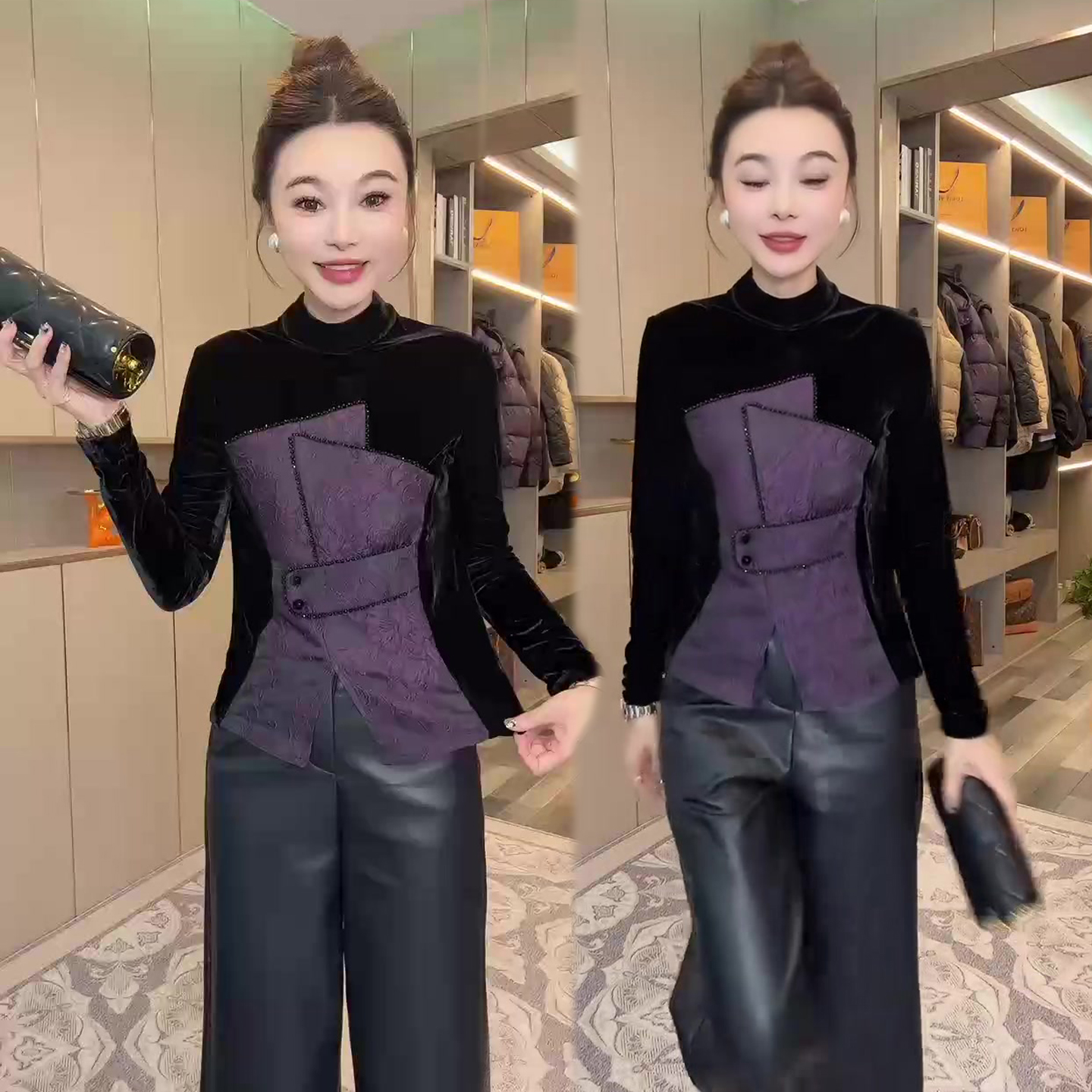 丝绒拼接重工串珠打底衫女冬季新款遮肉显瘦时尚网红同款小衫上衣