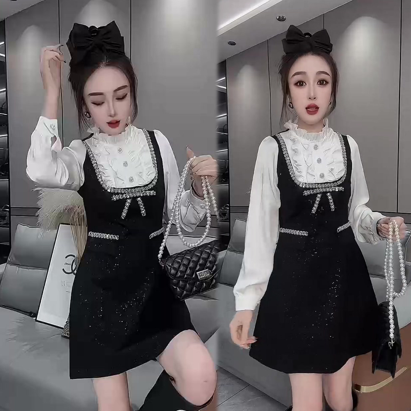 拼接款木耳边连衣裙女冬季新款甜美减龄韩系高腰显瘦女裙中长裙潮