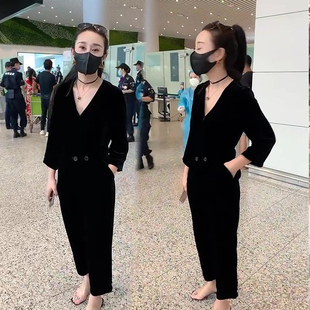 显瘦九分袖 韩版 V领2021年秋季 连体工装 潮 金丝绒连衣裤 裤 女九分裤