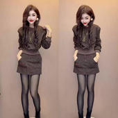 圆领短款 新款 上衣 高腰韩版 豹纹潮流加绒套装 短裙两件套装 女冬季