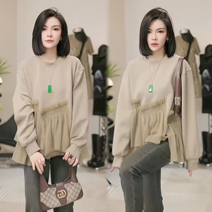 外套潮 宽松遮肉百搭长袖 圆领拼接雪纺洋气减龄卫衣女23年秋季 新款