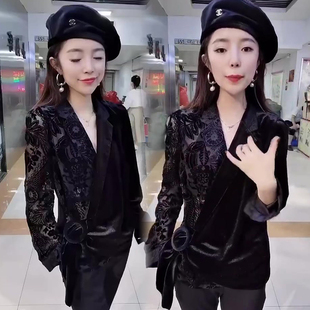 金丝绒衬衫 2021年秋季 女韩版 领开衫 休闲拼接上衣 显瘦西装 网红同款