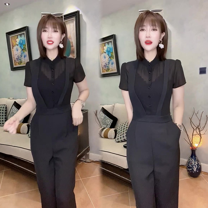网红爆款时尚连体衣裤女2022年夏季新款设计感显瘦拼纱短袖阔腿裤