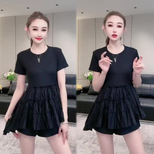 网红同款时尚套装女2026夏新款蛋糕裙拼短袖+短裤韩版洋气两件套