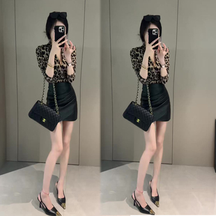 V领交叉豹纹上衣 时尚 新款 女秋季 设计感包臀裙两件套 潮流气质套装