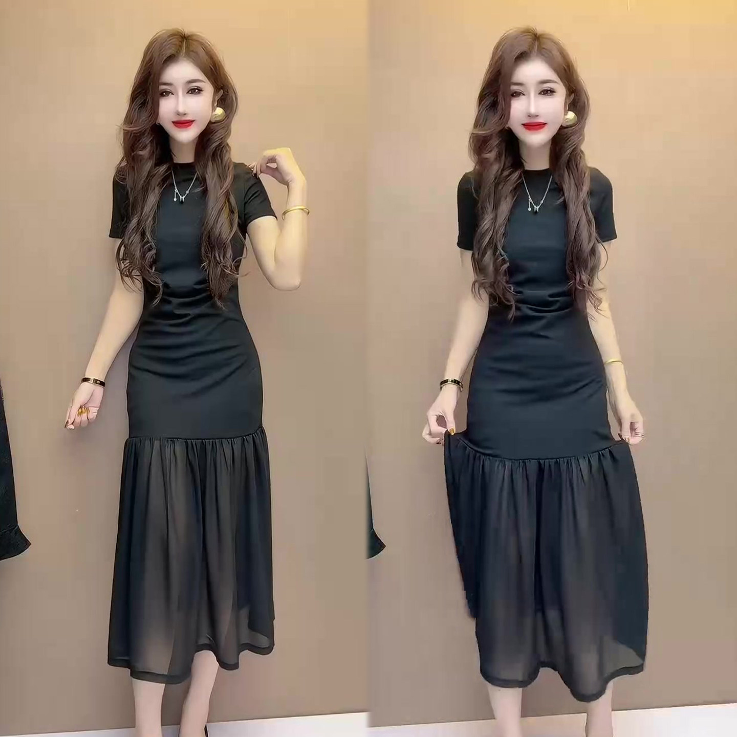 网纱拼接连衣裙女2026春夏季新款黑色显瘦赫本风气质宽松长裙子潮