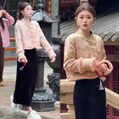 套装 裙2025冬季 新款 国风网红款 毛毛拼接立领外套 半身丝绒裙两件