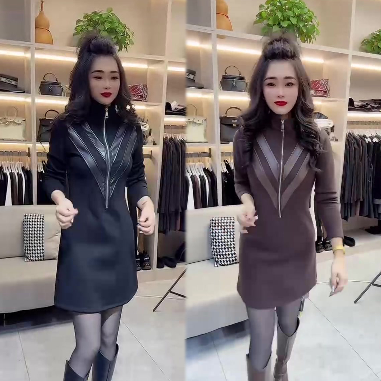 立领PU皮拼接连衣裙女