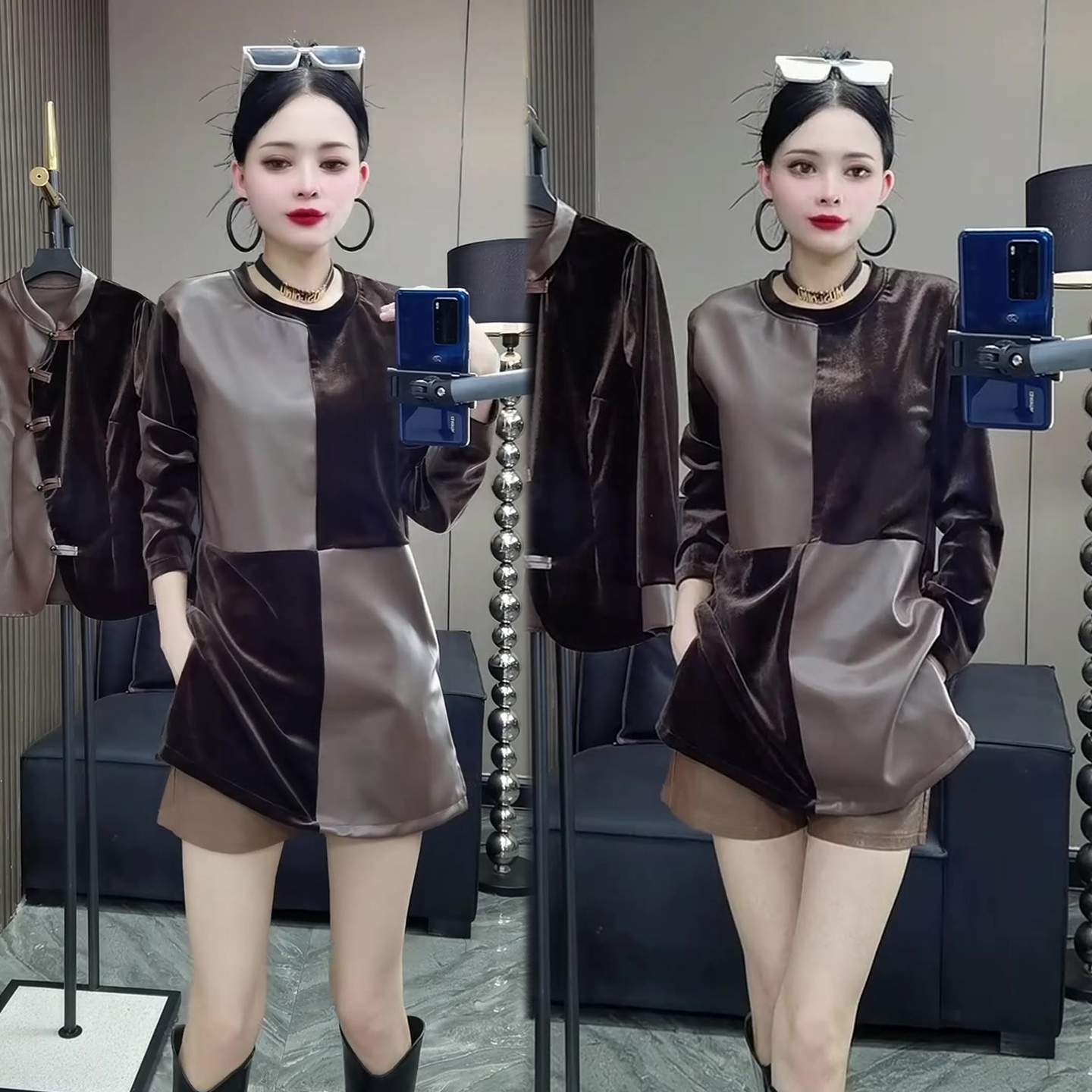 丝绒拼PU皮中长款打底衫女