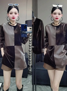 丝绒拼PU皮中长款打底衫女