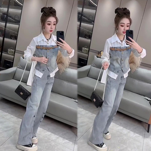 韩版洋气牛仔时尚套装女2026早秋新款假两件衬衫+阔腿裤两件套装