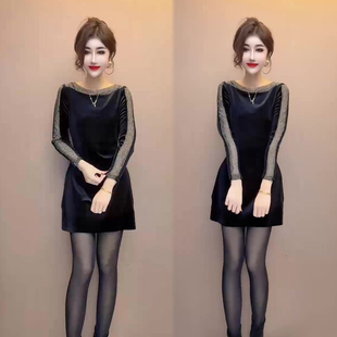 网纱亮晶晶拼接丝绒连衣裙女2026春季新款高级感百搭成熟气质裙子