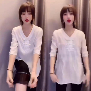 V领套头学生常规2021年夏季 女五分袖 中国风上衣潮 雪纺衫 网红同款