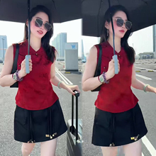 时尚套装女夏季新款洋气百搭无袖缎面马甲上衣高腰显瘦裤裙两件套
