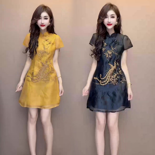 高档重工刺绣设计国风连衣裙女夏季新款高级感气质显瘦遮肚旗袍裙