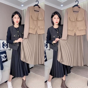 洋气高级感小香风套装女秋季新款收腰显瘦连衣裙流行马甲两件套潮