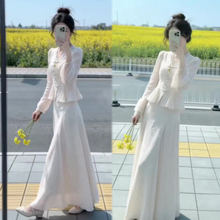 新中式白色两件套女装2026春季新款高级感优雅时尚上衣半身裙套装