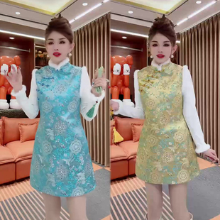 宽松遮肉显瘦减龄连衣裙 新款 新中式 国风毛毛拼接马甲裙女2025冬季