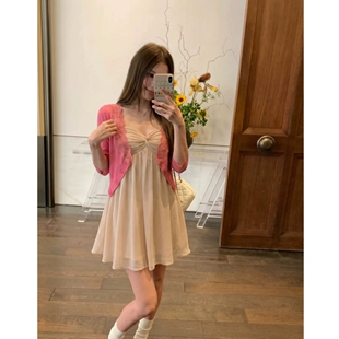 温柔姐姐~V领扭结雪纺吊带连衣裙女夏法式氛围感垂感短裙开衫套装